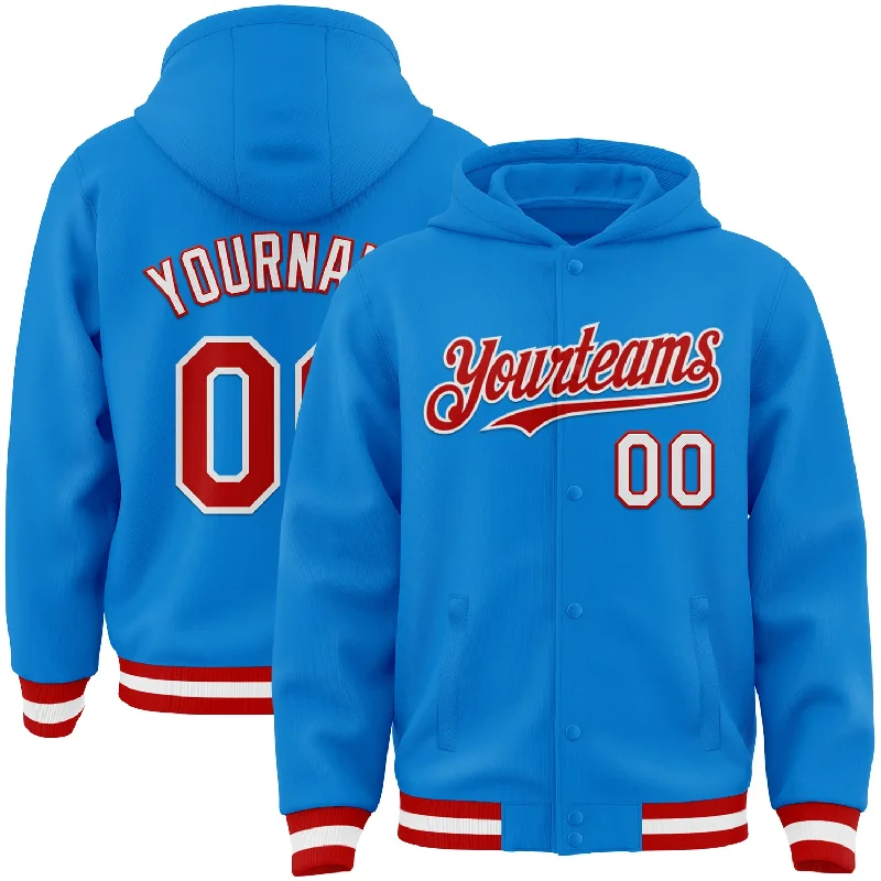 Graphic Hoodie for Unique Designs-Custom Powder Blue Red-White Bomber Full-Snap Varsity Letterman Hoodie Jacket