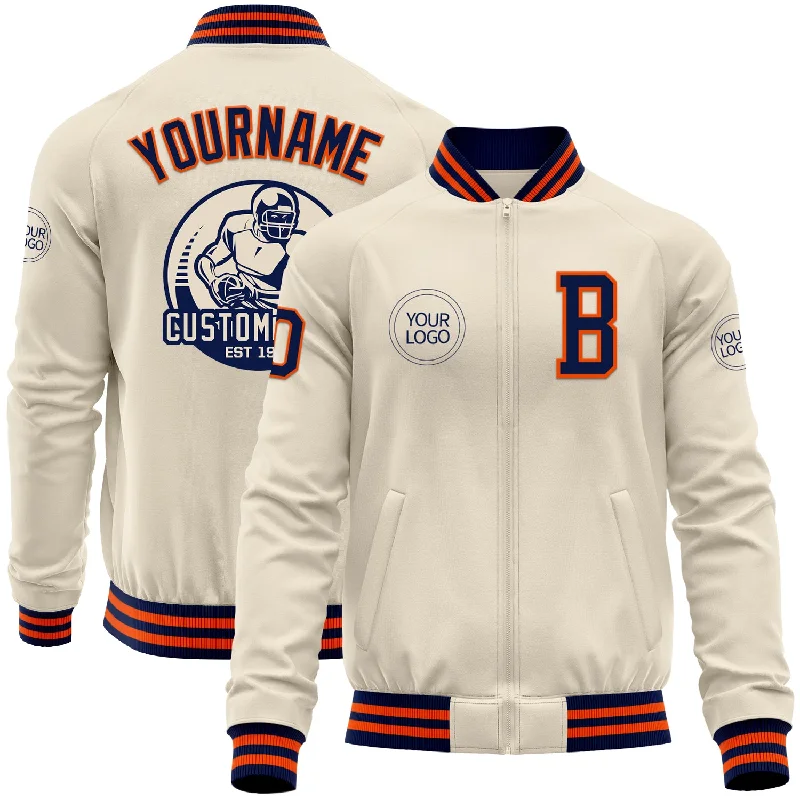 Sleek Faux Leather Jacket for Fashion-Forward Style-Custom Cream Navy-Orange Bomber Varsity Letterman Zipper Jacket