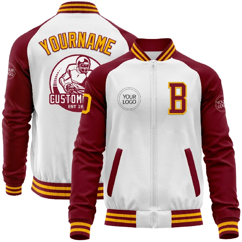 Premium Skiing Jacket for Performance Wear-Custom White Gold-Crimson Bomber Varsity Letterman Two Tone Zipper Jacket