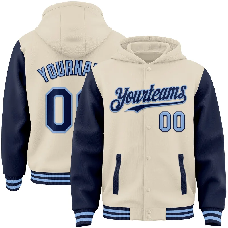 Soft Cotton Hoodie for Relaxing at Home-Custom Cream Navy-Light Blue Bomber Full-Snap Varsity Letterman Two Tone Hoodie Jacket