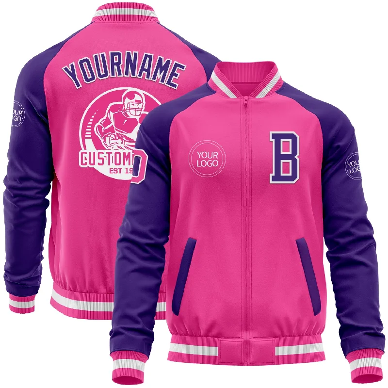 Vintage-Inspired Varsity Jacket for Nostalgic Fashion-Custom Pink White-Purple Bomber Varsity Letterman Two Tone Zipper Jacket