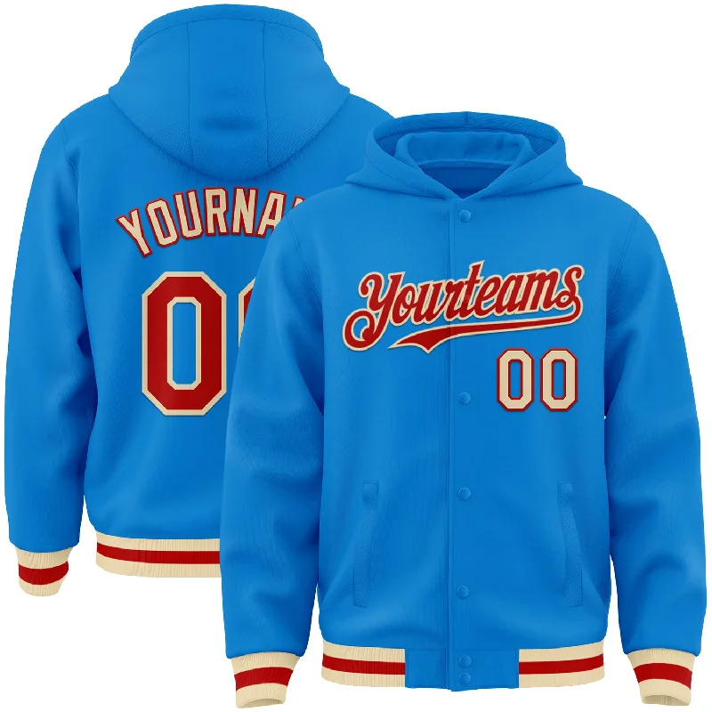 Classic Hoodie with Drawstring for Adjustable Fit-Custom Powder Blue Red-Cream Bomber Full-Snap Varsity Letterman Hoodie Jacket