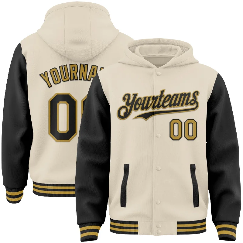 Classic Hoodie with Drawstring for Adjustable Fit-Custom Cream Black-Old Gold Bomber Full-Snap Varsity Letterman Two Tone Hoodie Jacket