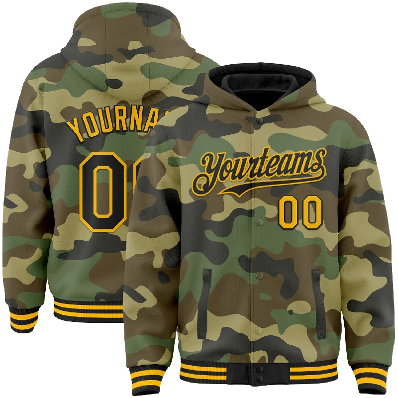 Cozy Hoodie with Kangaroo Pockets for Convenience-Custom Camo Black-Gold Bomber Full-Snap Varsity Letterman Salute To Service Hoodie Jacket