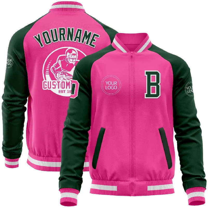 Casual Canvas Jacket for Everyday Wear-Custom Pink White-Green Bomber Varsity Letterman Two Tone Zipper Jacket