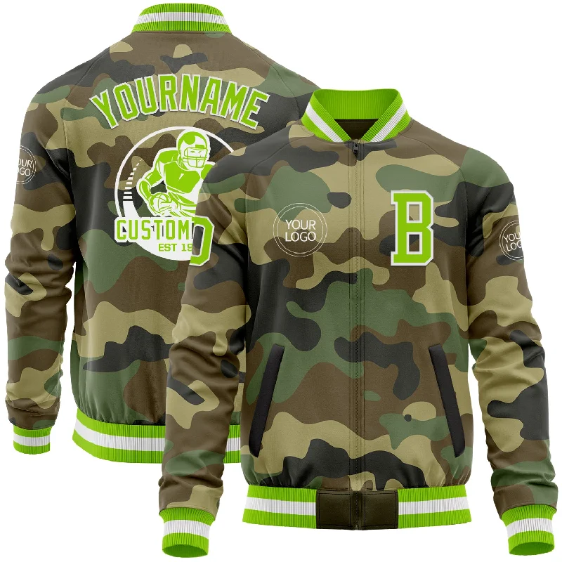 Vintage Military Jacket for Rugged Appeal-Custom Camo Neon Green-White Bomber Varsity Letterman Salute To Service Zipper Jacket