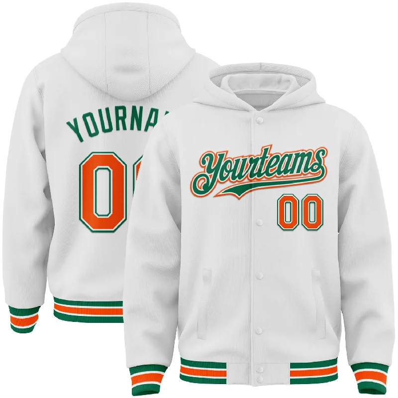 Warm Hoodie for Cold Nights-Custom White Orange-Kelly Green Bomber Full-Snap Varsity Letterman Hoodie Jacket