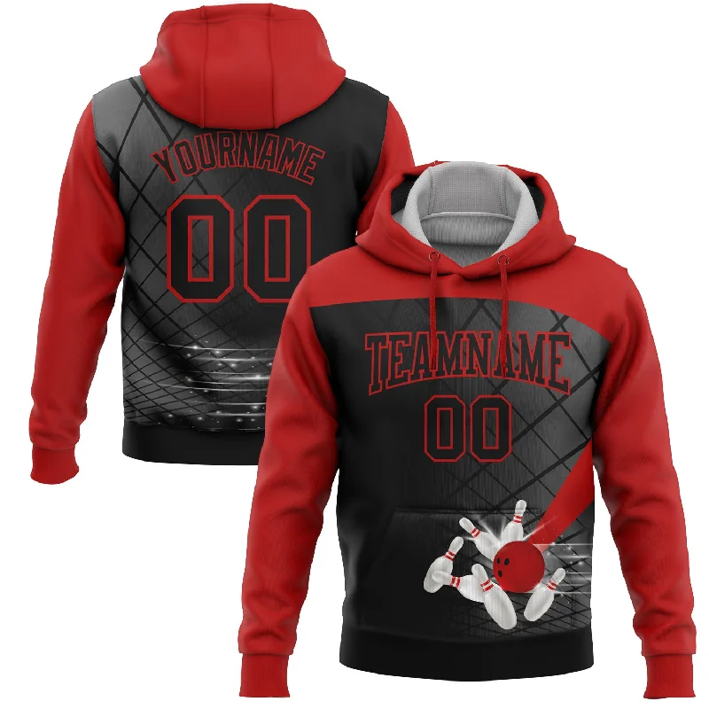 Warm Hoodie for Cold Weather-Custom Stitched Black Red 3D Bowling Sports Pullover Sweatshirt Hoodie