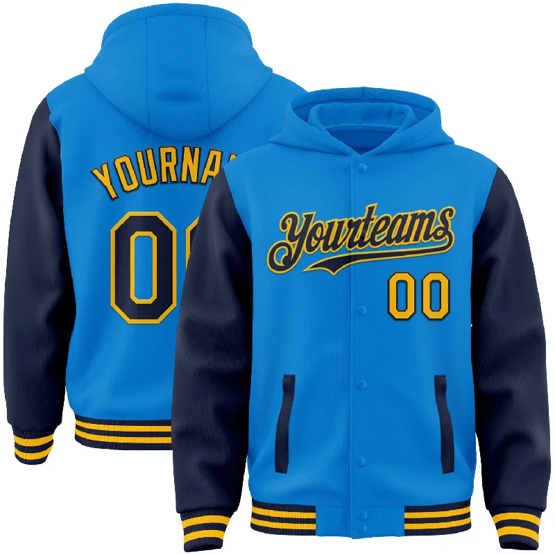 Classic Hoodie for Versatile Styling-Custom Powder Blue Navy-Gold Bomber Full-Snap Varsity Letterman Two Tone Hoodie Jacket