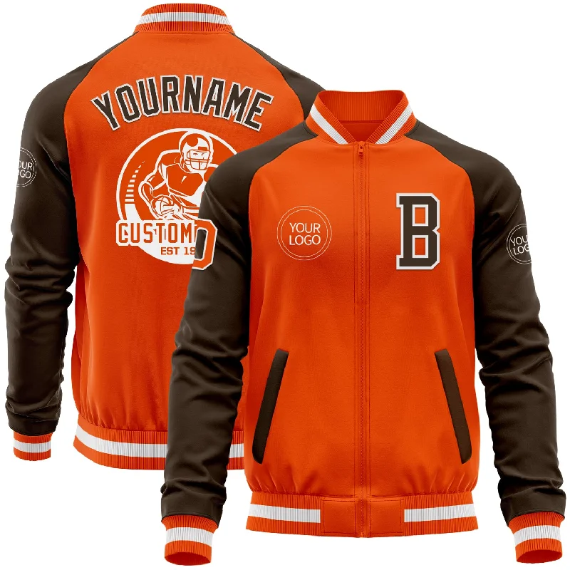 Classic Double-Breasted Jacket for Sophisticated Style-Custom Orange White-Brown Bomber Varsity Letterman Two Tone Zipper Jacket