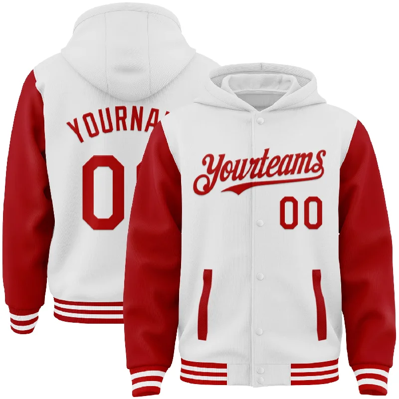 Trendy Oversized Hoodie for Relaxed Vibe-Custom White Red Bomber Full-Snap Varsity Letterman Two Tone Hoodie Jacket