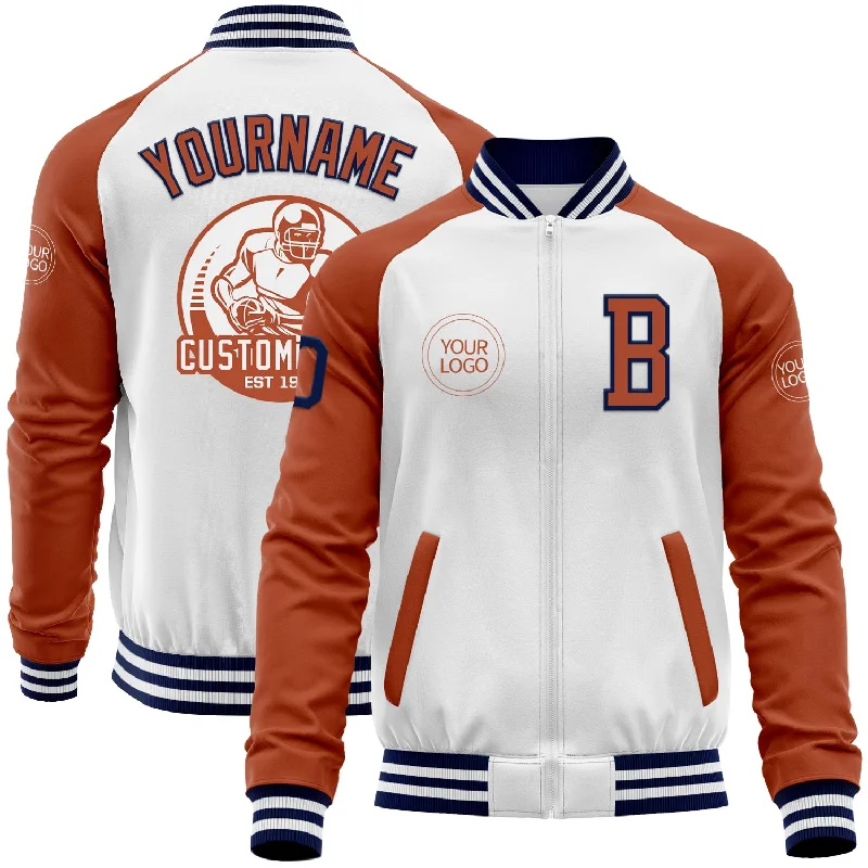 Customizable Jacket for Personalized Style-Custom White Navy-Texas Orange Bomber Varsity Letterman Two Tone Zipper Jacket