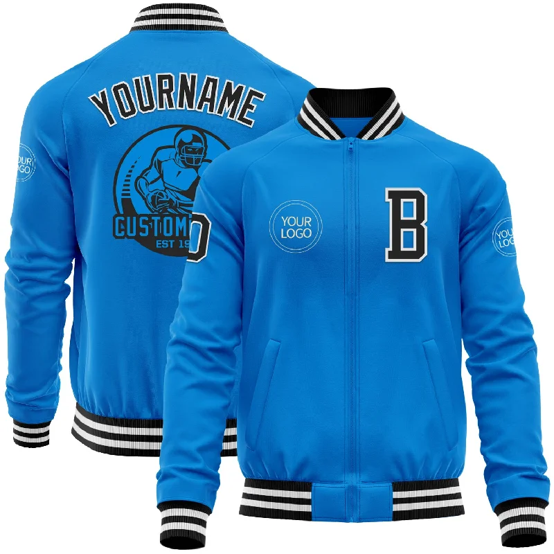 Vintage Work Jacket for Casual Wear-Custom Powder Blue Black-White Bomber Varsity Letterman Zipper Jacket