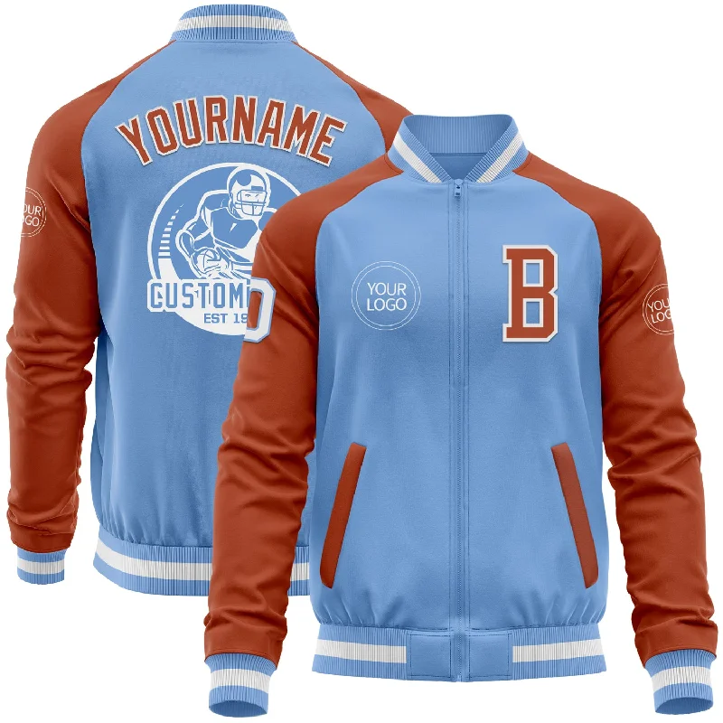 Chic Double-Breasted Wool Jacket for Elegance-Custom Light Blue White-Texas Orange Bomber Varsity Letterman Two Tone Zipper Jacket