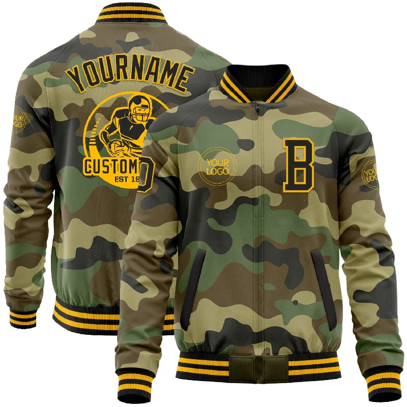 Trendy Cropped Bomber Jacket for Youthful Fashion-Custom Camo Black-Gold Bomber Varsity Letterman Salute To Service Zipper Jacket