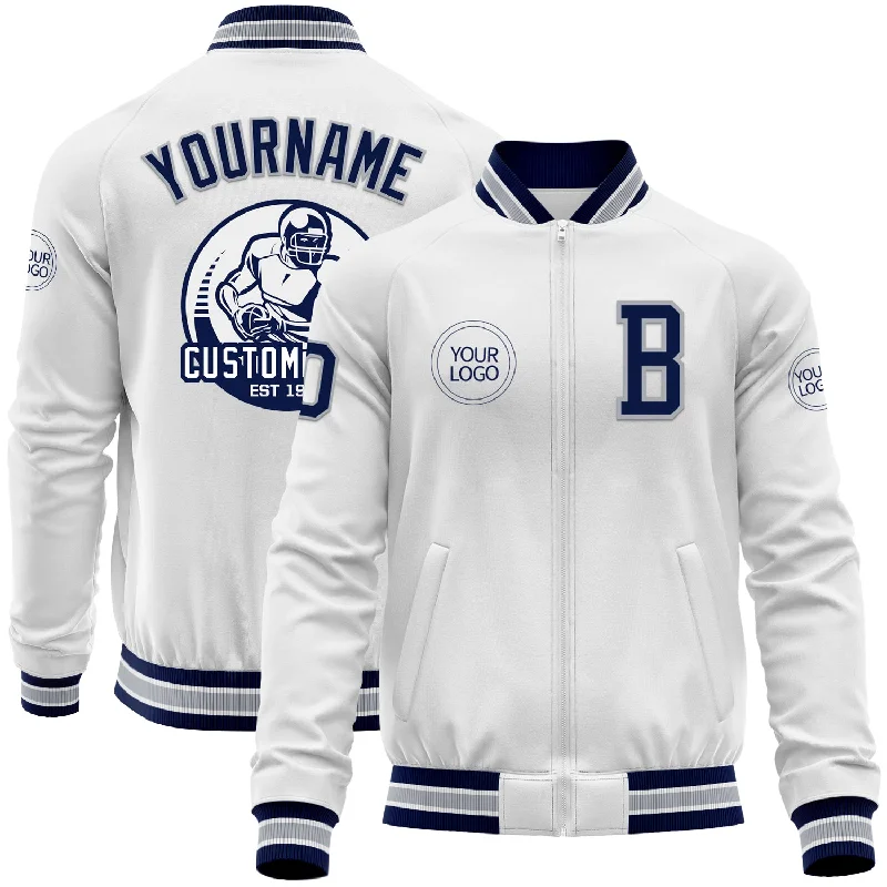 Lightweight Sports Jacket for Outdoor Activities-Custom White Navy-Gray Bomber Varsity Letterman Zipper Jacket