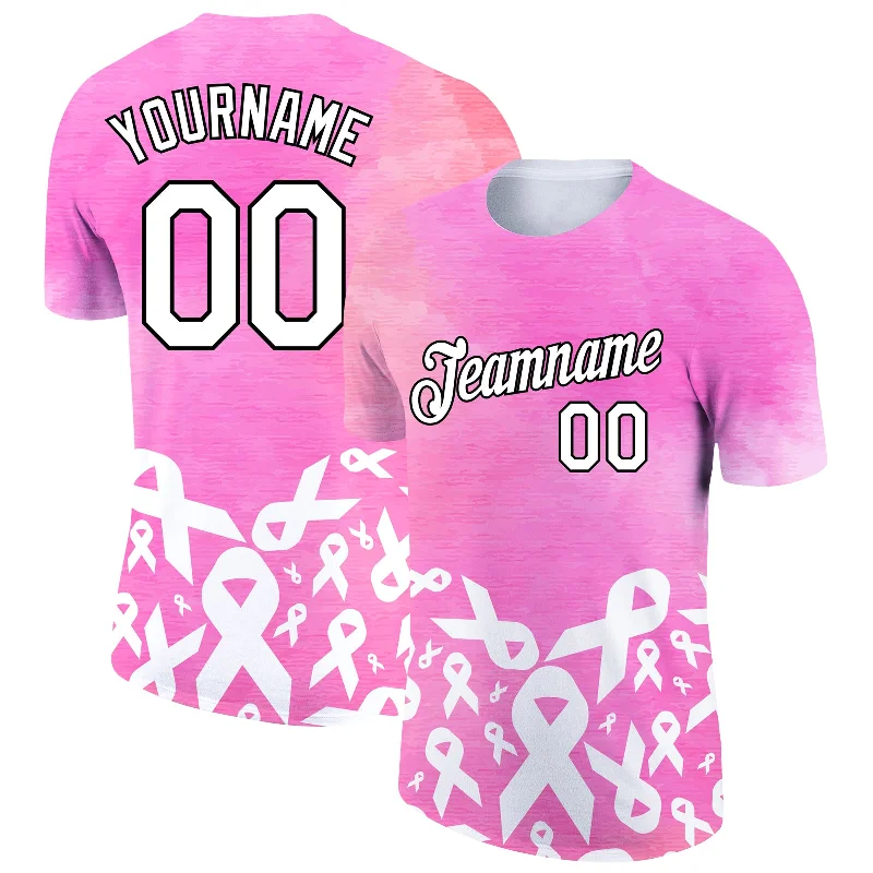 Custom Event T-Shirt for Festivals and Gatherings-Custom Pink White-Black 3D Pink Ribbon Breast Cancer Performance T-Shirt