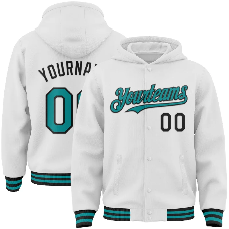 Eco-Friendly Hoodie for Sustainable Fashion-Custom White Teal-Black Bomber Full-Snap Varsity Letterman Hoodie Jacket