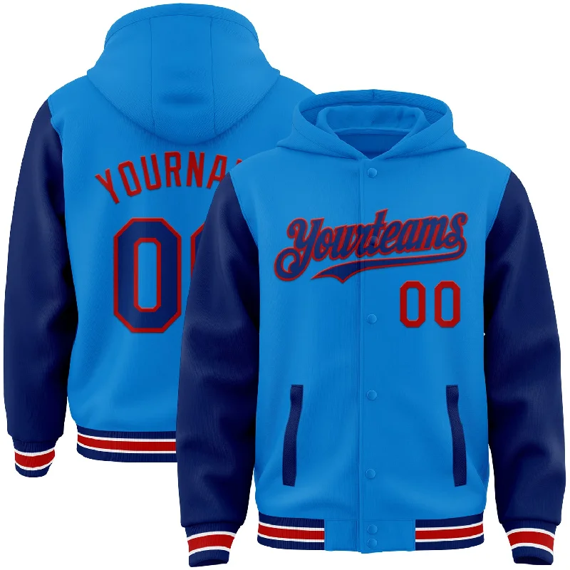 Soft Hoodie for Relaxing Weekends-Custom Powder Blue Royal-Red Bomber Full-Snap Varsity Letterman Two Tone Hoodie Jacket