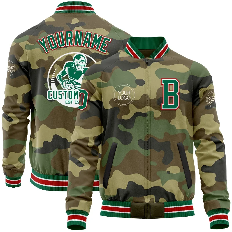 Sporty Sweat Jacket for Comfortable Wear-Custom Camo Kelly Green-Red Bomber Varsity Letterman Salute To Service Zipper Jacket