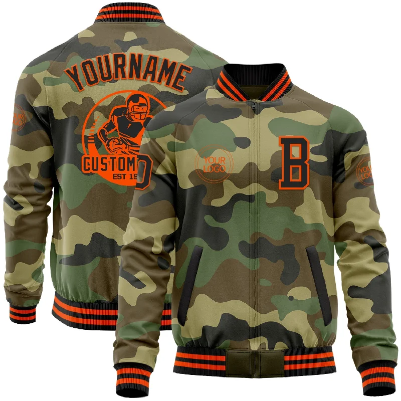 Casual Quilted Jacket for Comfort and Style-Custom Camo Black-Orange Bomber Varsity Letterman Salute To Service Zipper Jacket