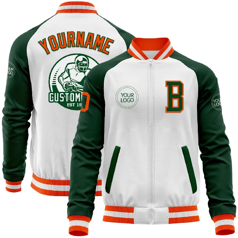 Casual Canvas Jacket for Everyday Wear-Custom White Orange-Green Bomber Varsity Letterman Two Tone Zipper Jacket