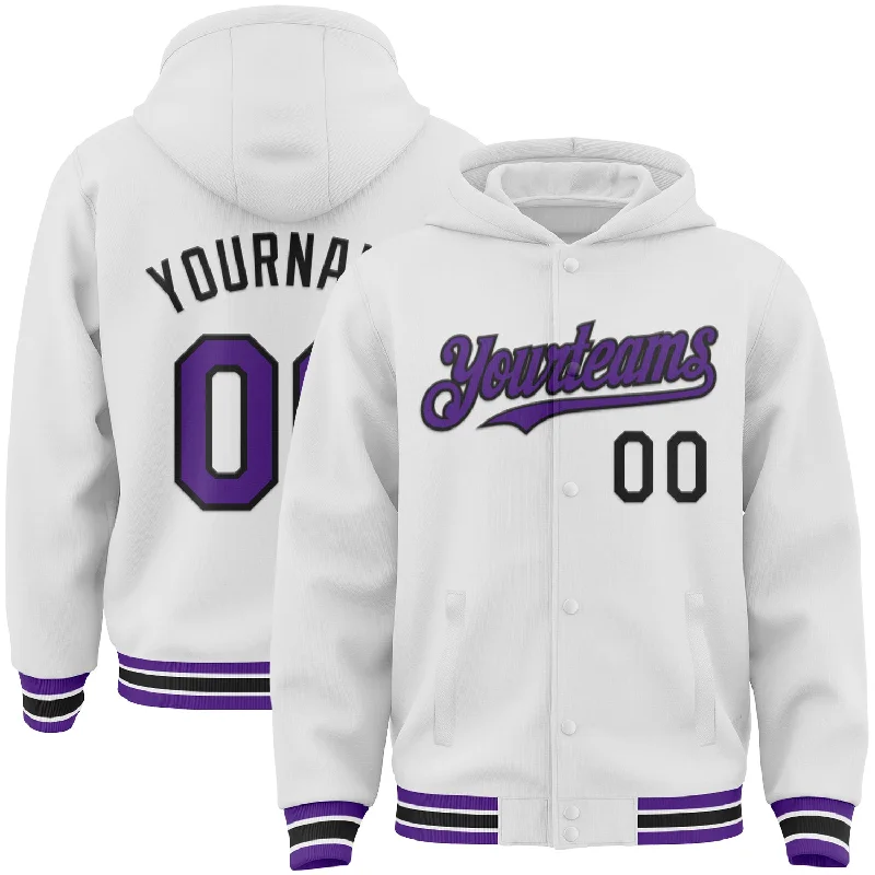 Trendy Cropped Hoodie for Fashionable Look-Custom White Purple-Black Bomber Full-Snap Varsity Letterman Hoodie Jacket