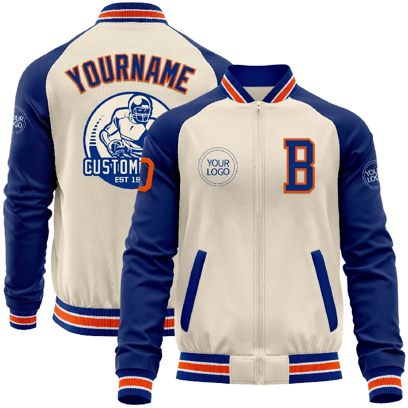 Custom Cream Orange Royal-White Bomber Varsity Letterman Two Tone Zipper Jacket