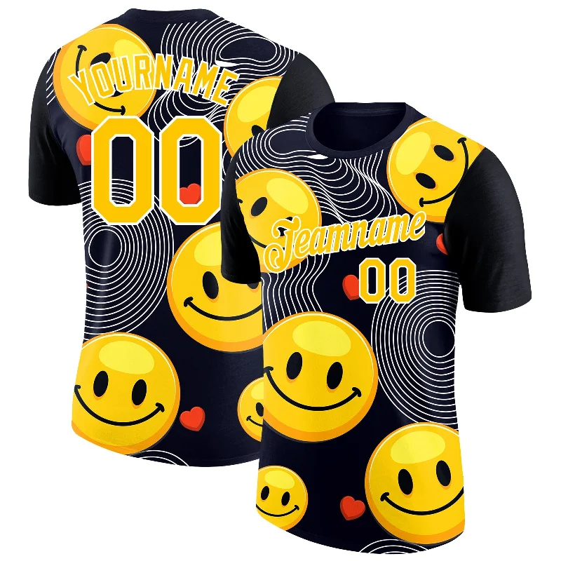 Bold Neon T-Shirt for Bright Fashion-Custom Black Yellow-White 3D Pattern Design Smile Emoji Performance T-Shirt