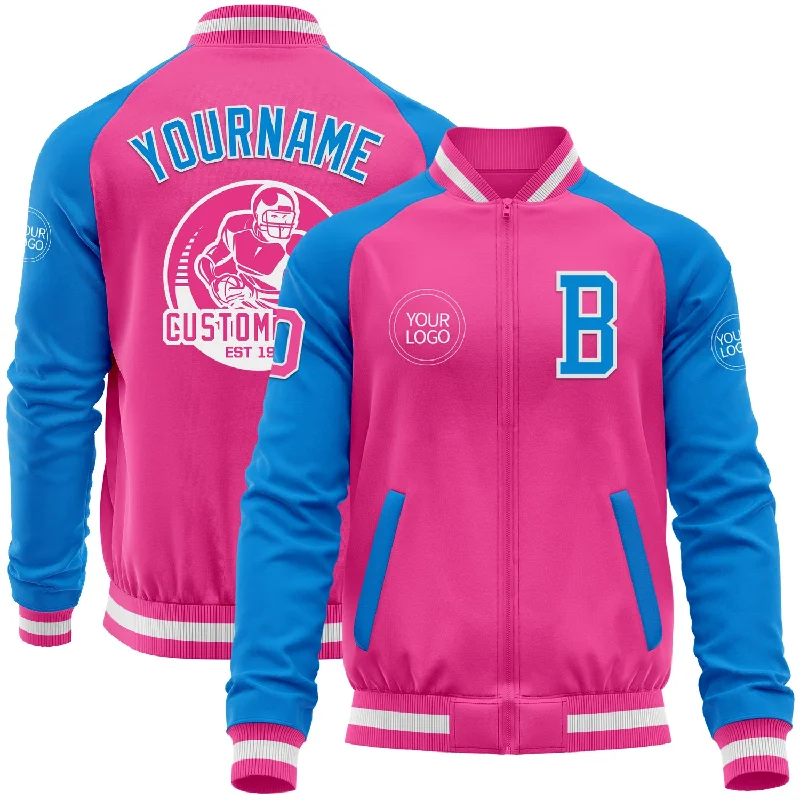 Lightweight Sports Jacket for Outdoor Activities-Custom Pink White-Powder Blue Bomber Varsity Letterman Two Tone Zipper Jacket