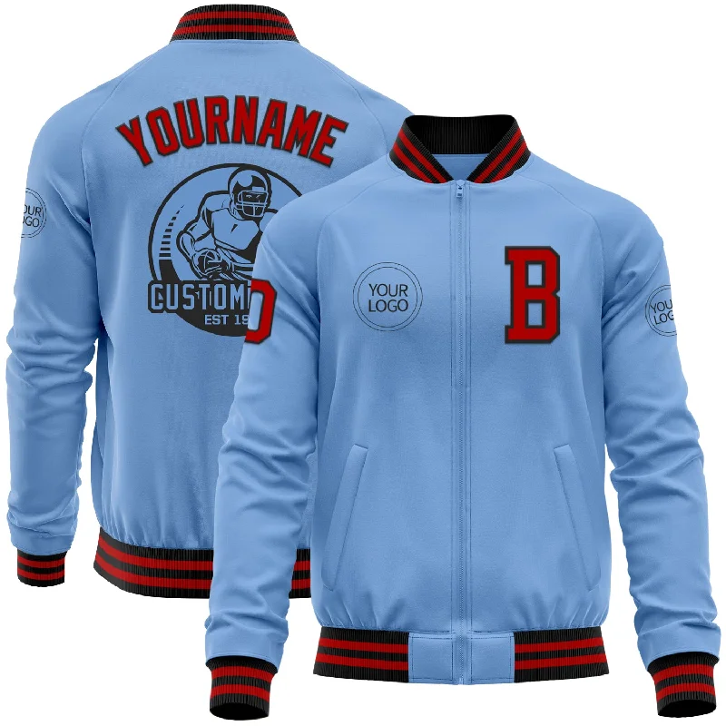 Casual Bomber Jacket for Street Style-Custom Light Blue Red-Black Bomber Varsity Letterman Zipper Jacket