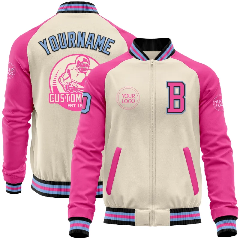 Custom Cream Light Blue Black-Pink Bomber Varsity Letterman Two Tone Zipper Jacket