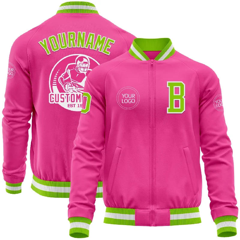 Waterproof Outdoor Jacket for Hiking Adventures-Custom Pink Neon Green-White Bomber Varsity Letterman Zipper Jacket