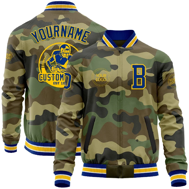 Classic Wool-Blend Jacket for Cold Weather-Custom Camo Royal-Yellow Bomber Varsity Letterman Salute To Service Zipper Jacket