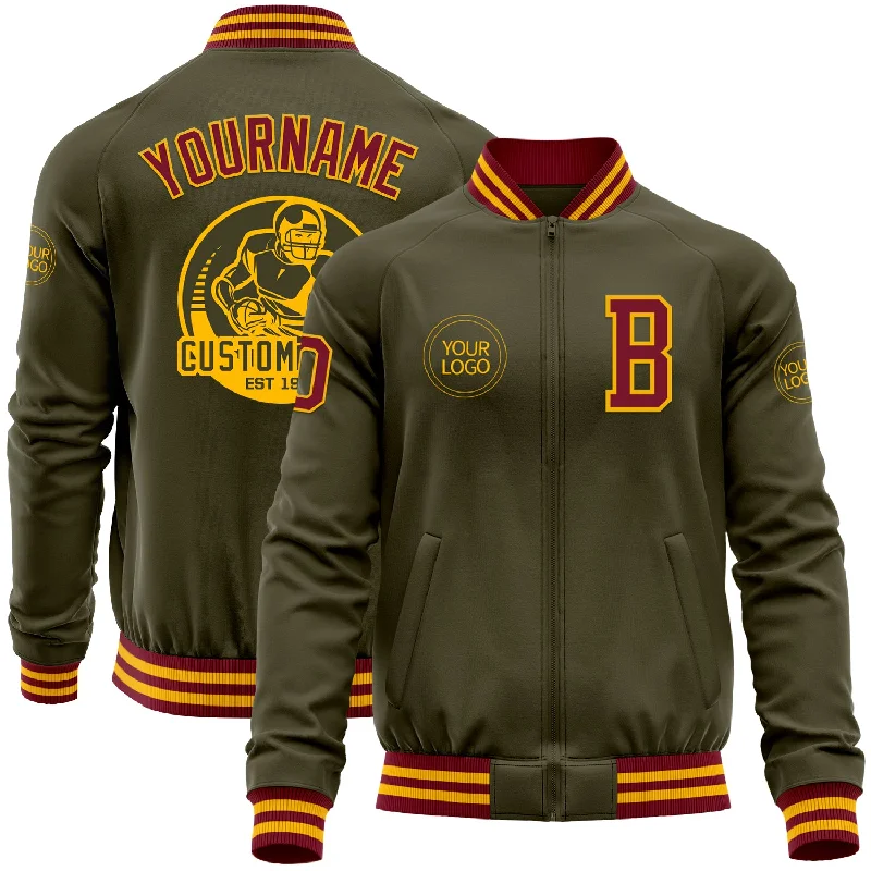 Premium Ski Jacket for Winter Sports-Custom Olive Crimson-Gold Bomber Varsity Letterman Salute To Service Zipper Jacket