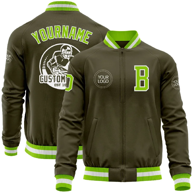 Trendy Hooded Jacket for Casual Outfits-Custom Olive Neon Green-White Bomber Varsity Letterman Salute To Service Zipper Jacket