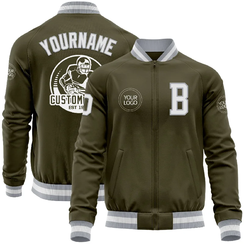 Soft Corduroy Jacket for Casual Comfort-Custom Olive White-Gray Bomber Varsity Letterman Salute To Service Zipper Jacket