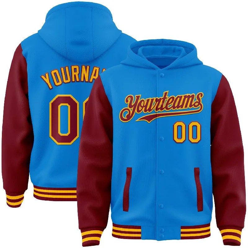 Lightweight Hoodie for Outdoor Activities-Custom Powder Blue Crimson-Gold Bomber Full-Snap Varsity Letterman Two Tone Hoodie Jacket