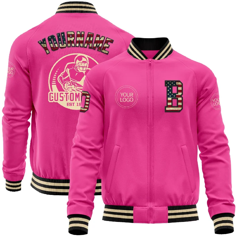 Fashionable Windbreaker Jacket for Layering-Custom Pink Vintage USA Flag Black-Cream Bomber Varsity Letterman Zipper Jacket