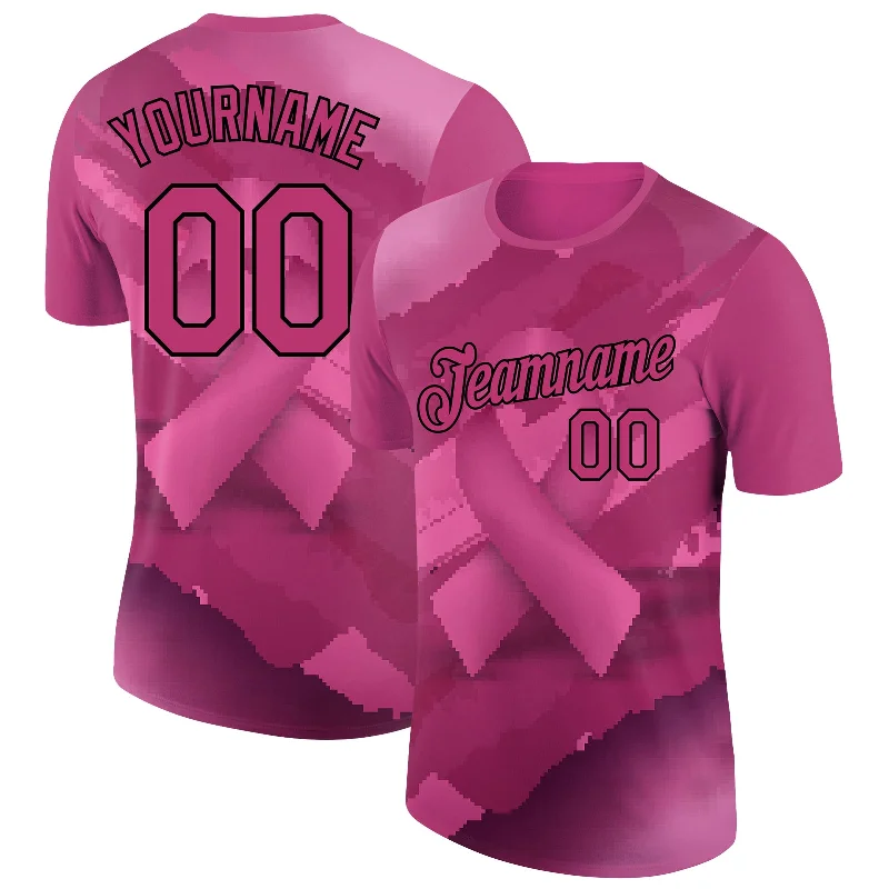 Relaxed Loose-Fit T-Shirt for Extra Comfort-Custom Hot Pink Black 3D Pink Ribbon Breast Cancer Performance T-Shirt