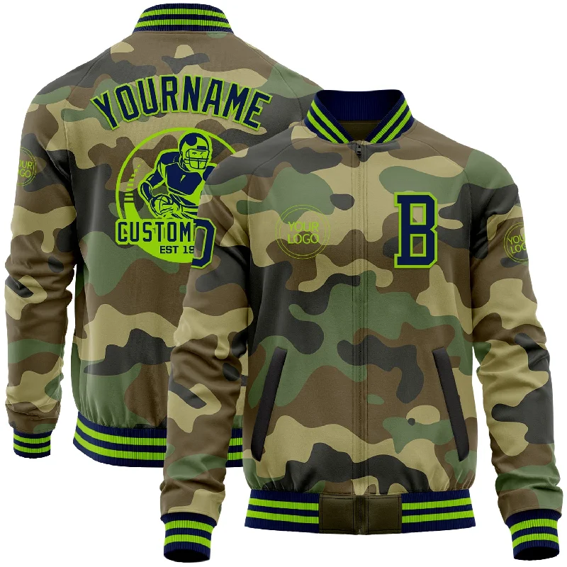 Trendy Denim Bomber Jacket for Fashion Lovers-Custom Camo Navy-Neon Green Bomber Varsity Letterman Salute To Service Zipper Jacket