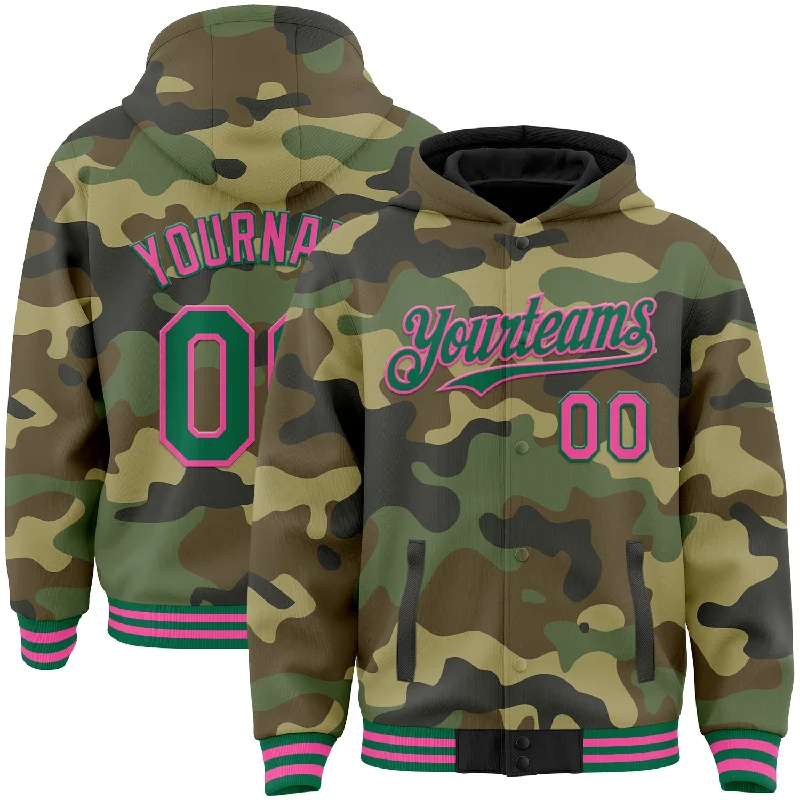 Warm Hoodie for Cold Weather-Custom Camo Kelly Green-Pink Bomber Full-Snap Varsity Letterman Salute To Service Hoodie Jacket