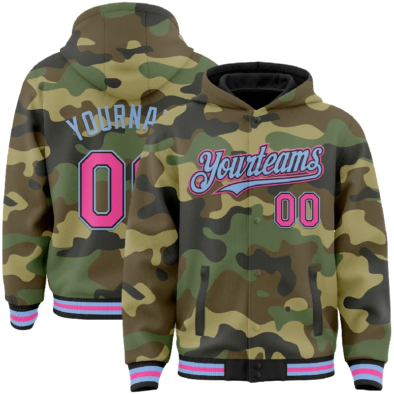 Classic Hoodie with Drawstring for Adjustable Fit-Custom Camo Pink Black-Light Blue Bomber Full-Snap Varsity Letterman Salute To Service Hoodie Jacket