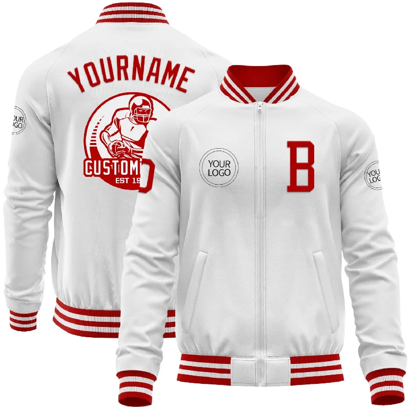 Vintage Jean Jacket for Retro Appeal-Custom White Red Bomber Varsity Letterman Zipper Jacket