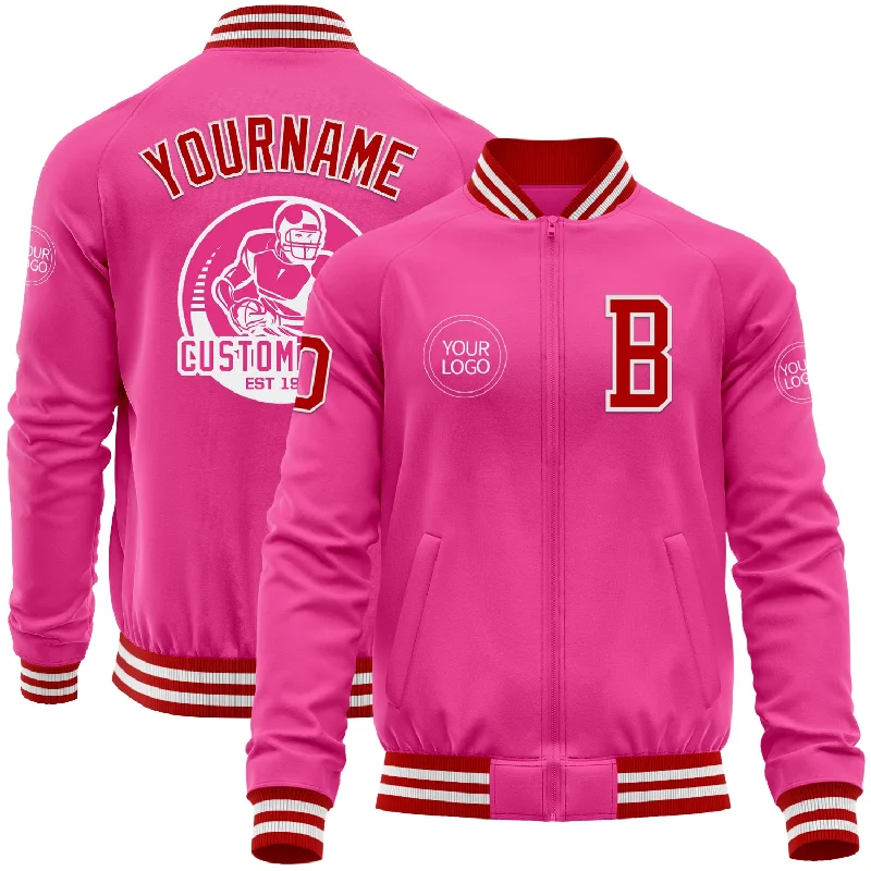 Casual V-Neck Jacket for Relaxed Vibes-Custom Pink Red-White Bomber Varsity Letterman Zipper Jacket