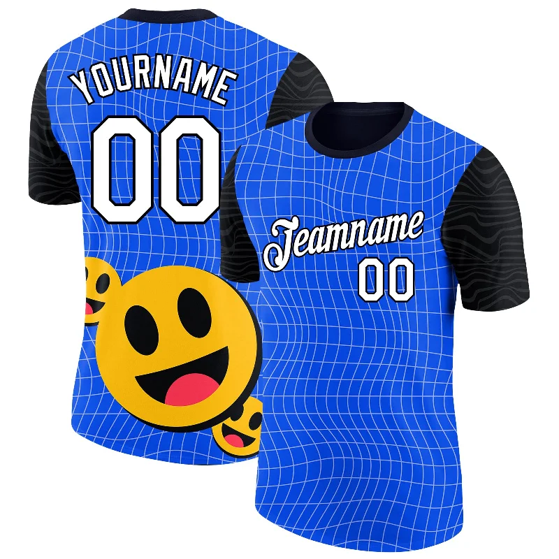 Customizable T-Shirt for Personalized Apparel-Custom Thunder Blue White-Black 3D Pattern Design Smile Emoji Performance T-Shirt