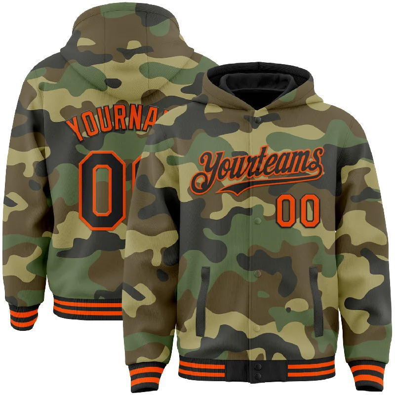 Classic Black Hoodie for Timeless Style-Custom Camo Black-Orange Bomber Full-Snap Varsity Letterman Salute To Service Hoodie Jacket