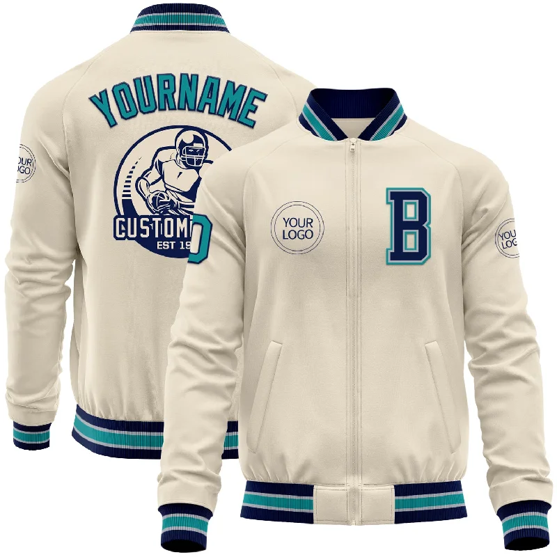 Insulated Jacket for Extreme Cold Weather-Custom Cream Teal Navy-Gray Bomber Varsity Letterman Zipper Jacket