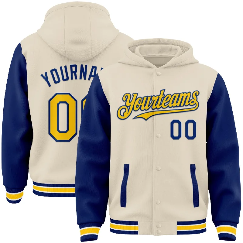 Premium Hoodie for High-Quality Comfort-Custom Cream Yellow Royal-White Bomber Full-Snap Varsity Letterman Two Tone Hoodie Jacket