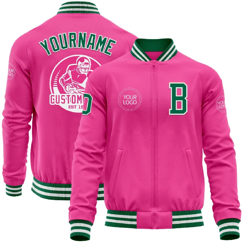 Cool Printed Jacket for Bold Fashion Statements-Custom Pink Kelly Green-White Bomber Varsity Letterman Zipper Jacket